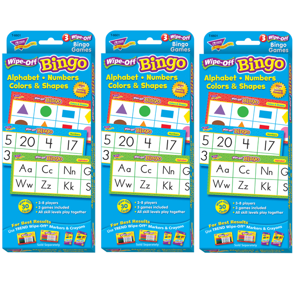 Trend Enterprises Alphabets, Number, Shapes and Colors Wipe-Off Bingo Cards, PK3 T6601